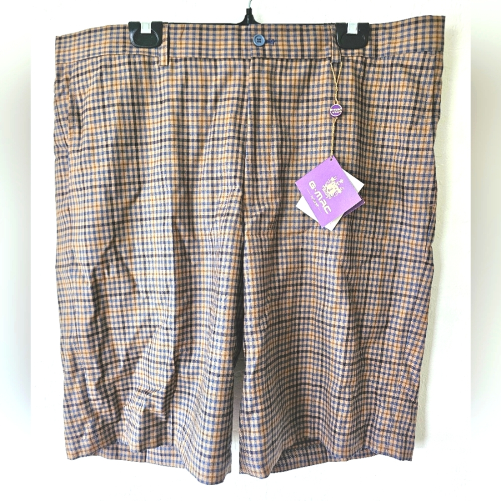 Mens Lowe Donald navy and tan checkered plaid soft wool+ shorts. NWT. Size 40